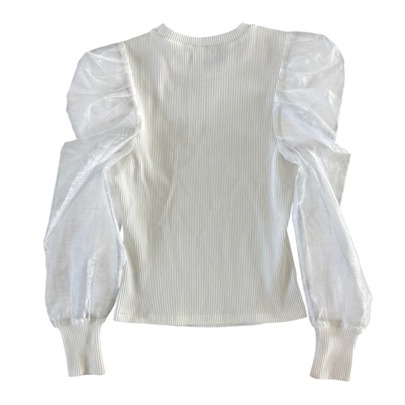 Anthropologie Dolan Sheer Puff Sleeve Ribbed Top Sweater Organza Ivory White‎ S - Picture 15 of 15